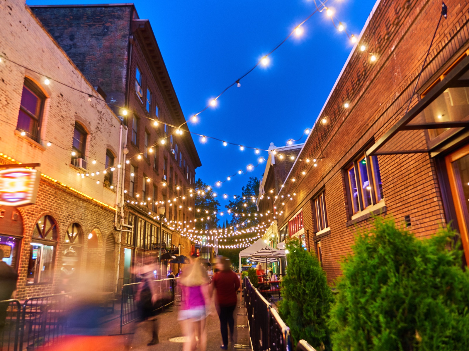 Small storefronts under string lights at dusk on SW Ankeny Street in Portland, Oregon